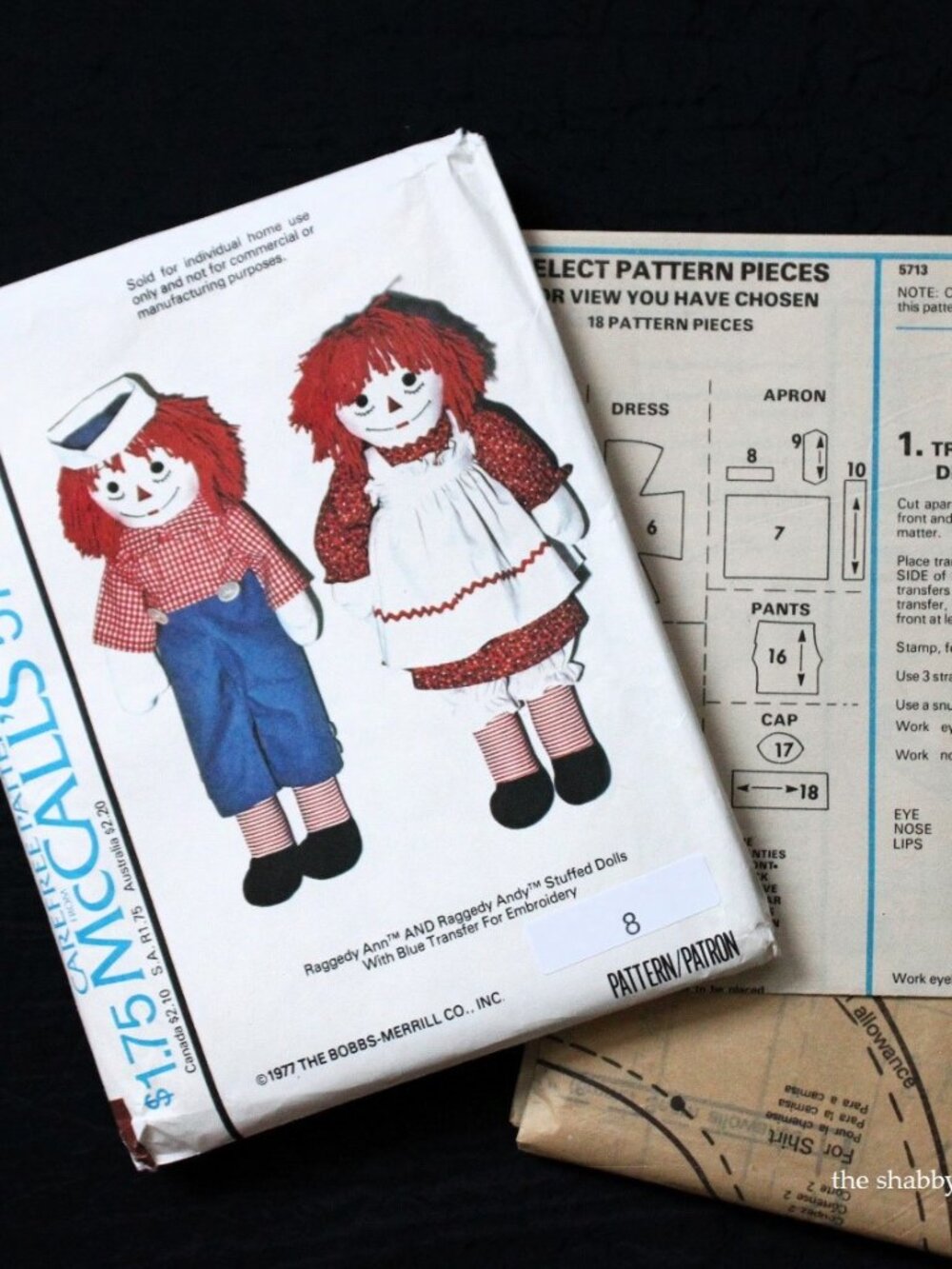 VTG McCalls 5713 Sewing Pattern Raggedy Ann & Andy Craft Stuffed Dolls 10-20"